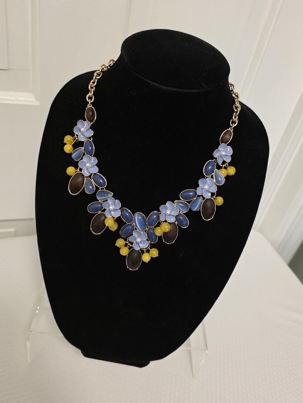 Talbots Blue, Yellow, & Brown Floral Goldtone Fashion Necklace, Classic